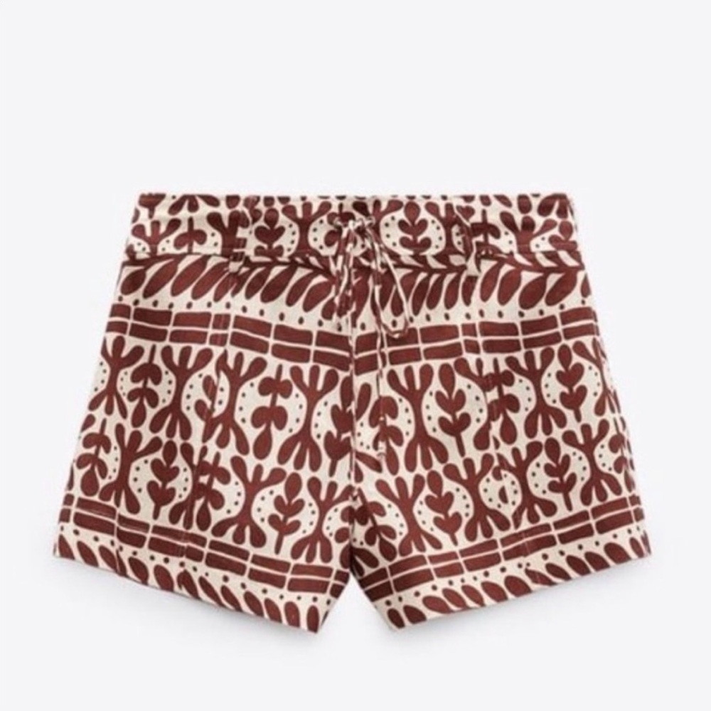 Zara Linen Blend Shorts - Brown & Cream Leaf Print